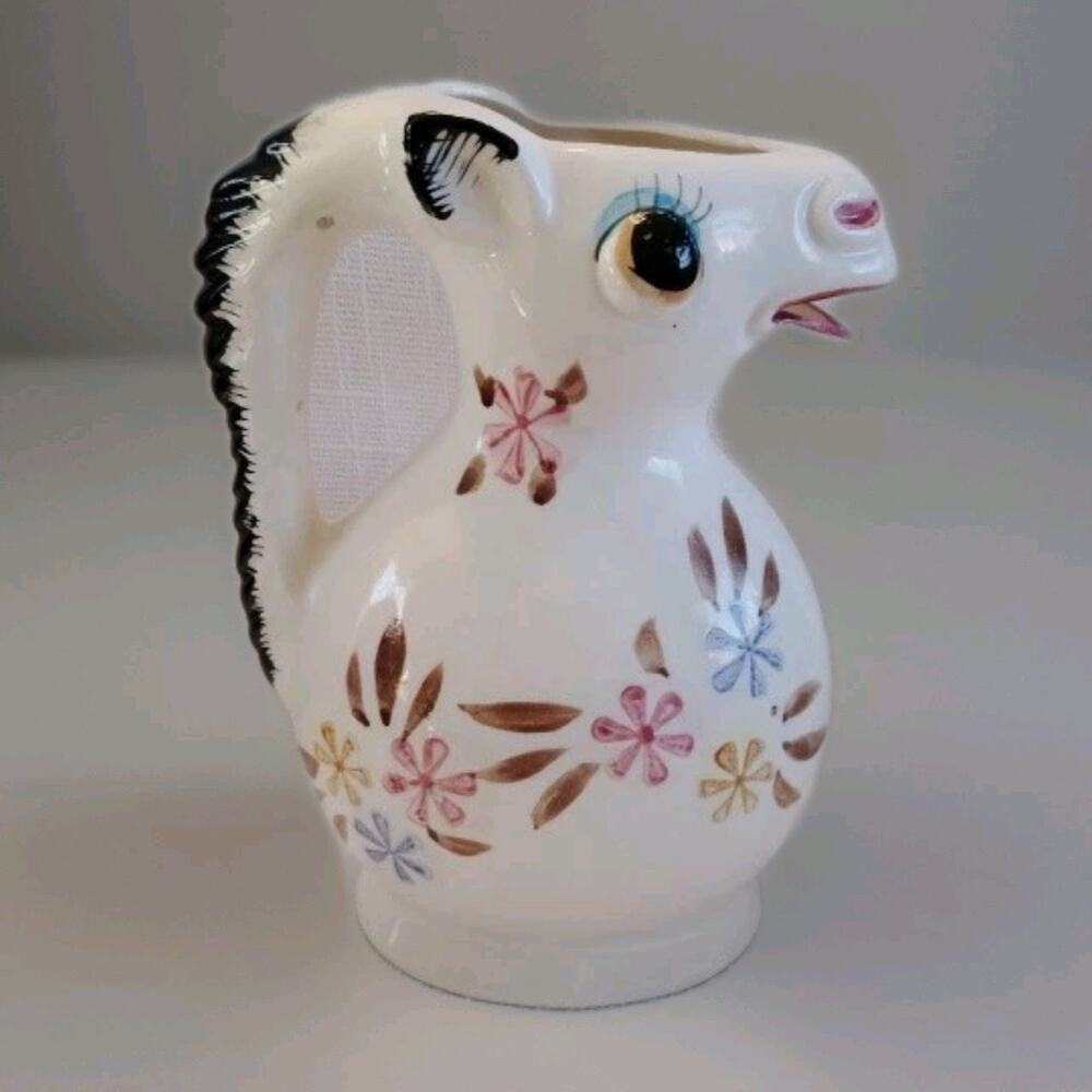 Vintage MCM Horse Pitcher White Floral Japan